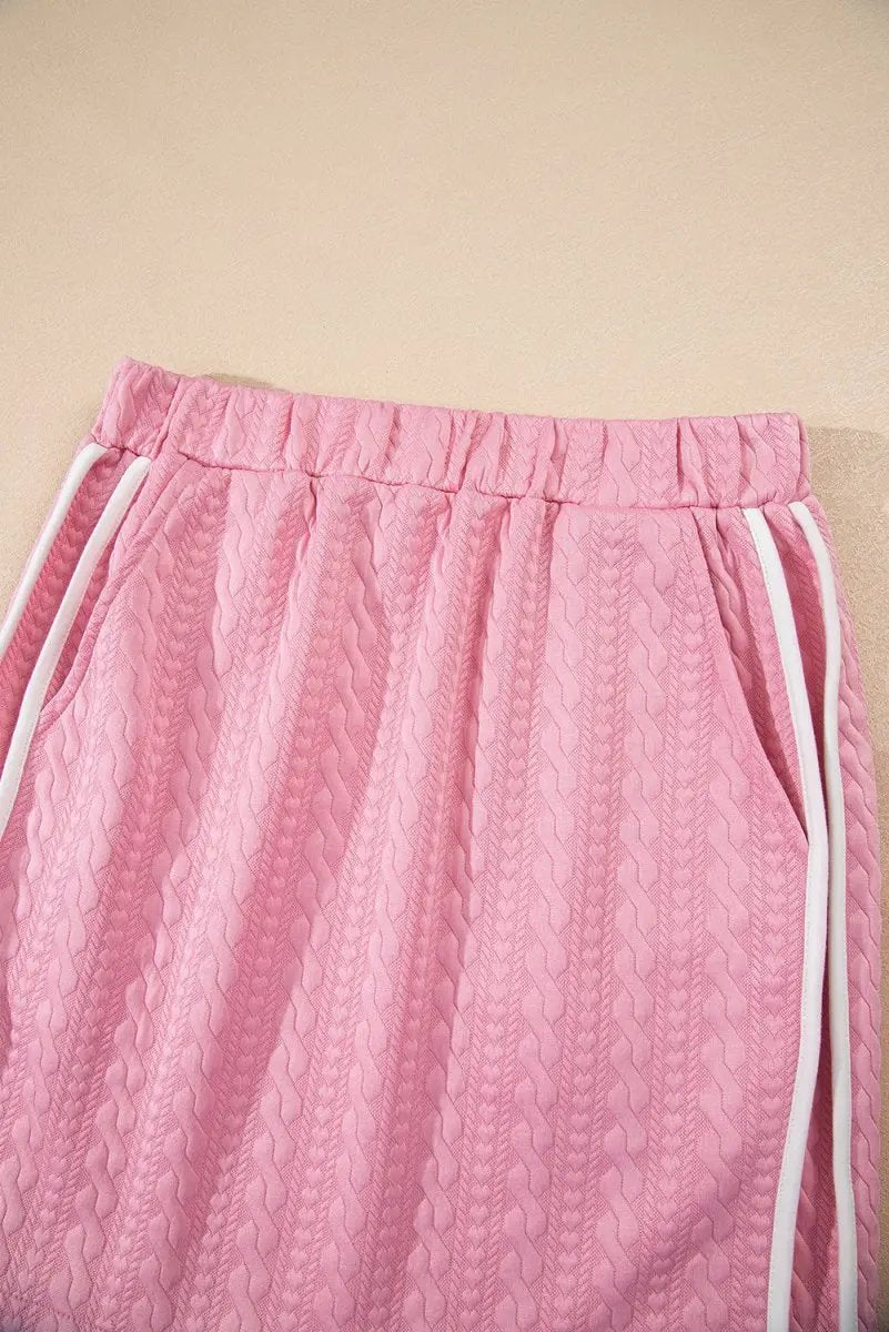 Pink Contrast Trim Textured Crewneck Tee And Pocketed Skirt Set - Love Salve